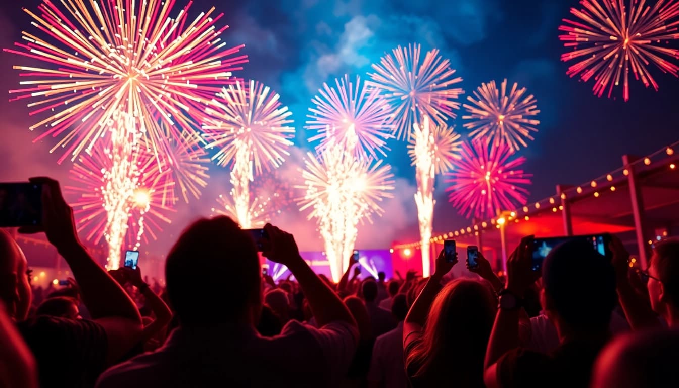 Buy fireworks Manchester with vibrant fireworks illuminating a festive crowd at an outdoor event.