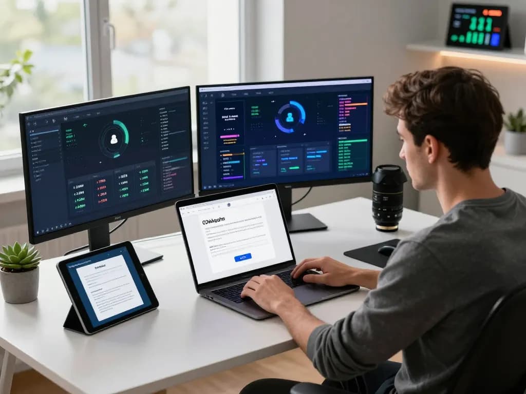 IODeFi registration interface displayed on a laptop in a modern cloud mining workspace with multiple screens.