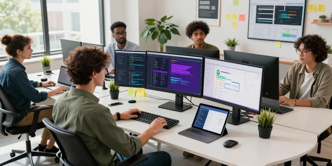 Diverse team collaborating in a modern workspace at romulus.digital showcases vibrant software development.