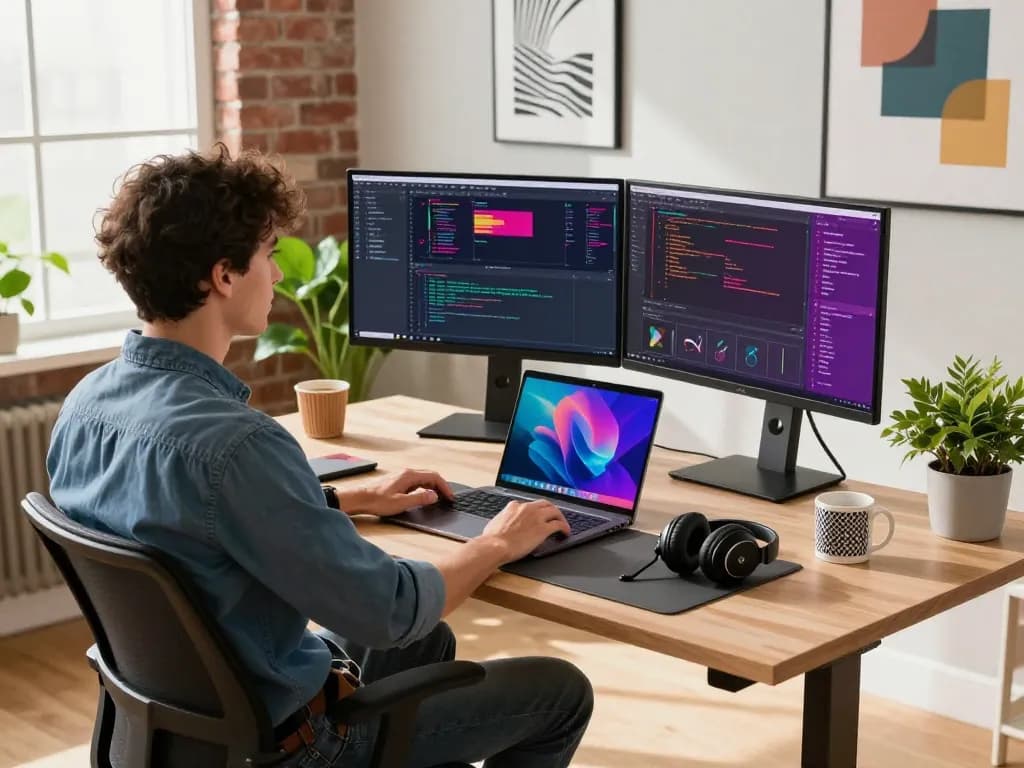 Dynamic workspace showcasing a developer using Moltbot AI for coding and software design in a bright, modern office.