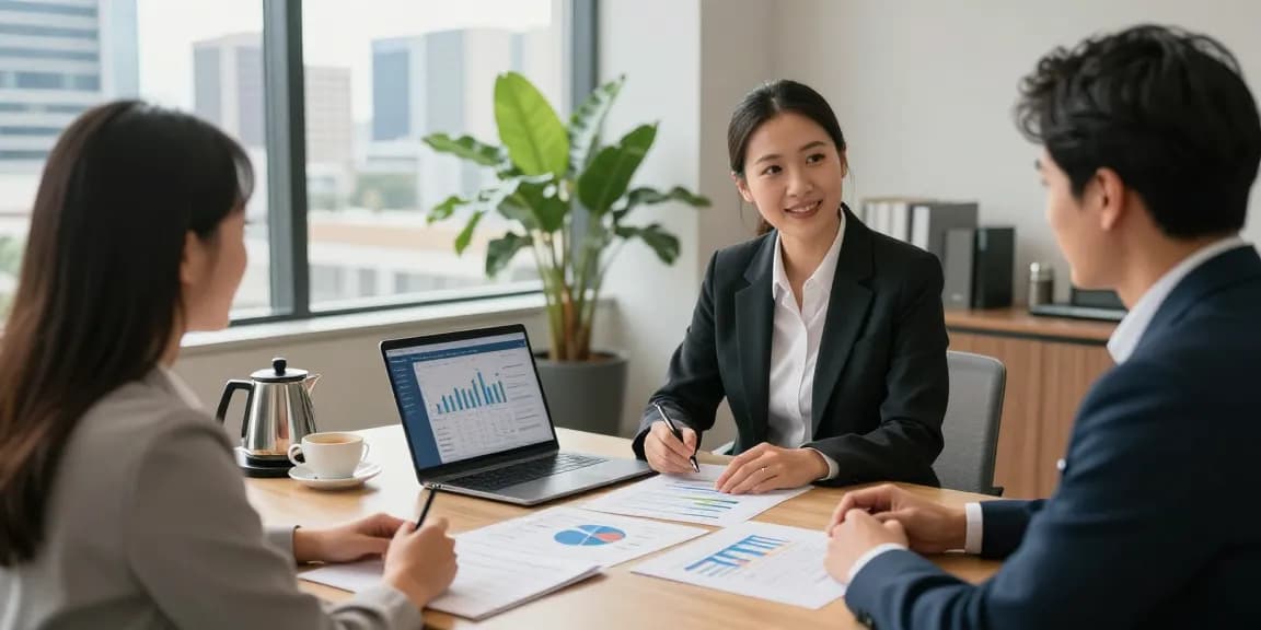 Financial Advice Gold Coast consultation in an elegant office with a couple and financial advisor discussing investment strategies.