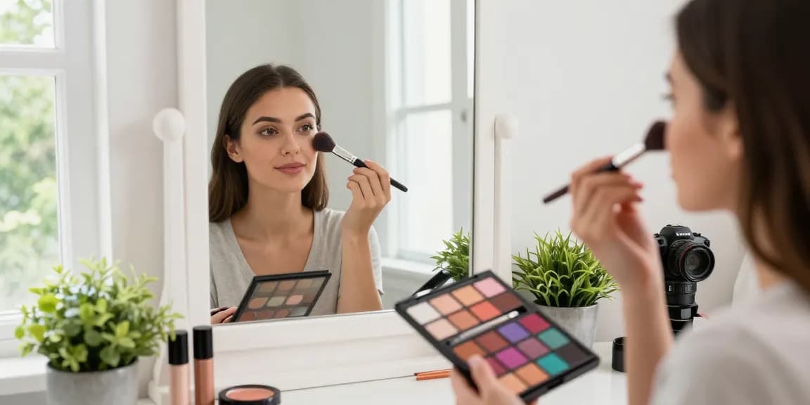 Applying makeup with an angled makeup brush in a bright bathroom.
