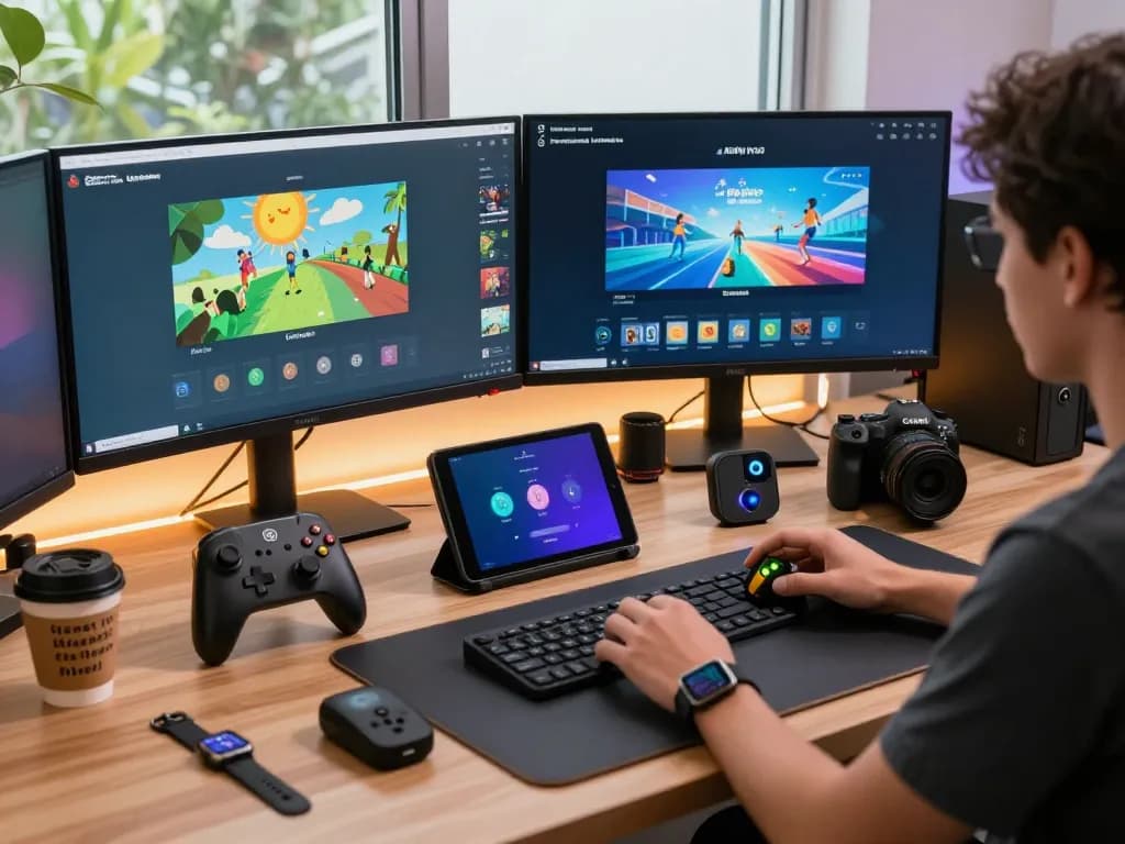 Discover unique tech gadgets in a vibrant workspace with innovative devices and tech accessories.