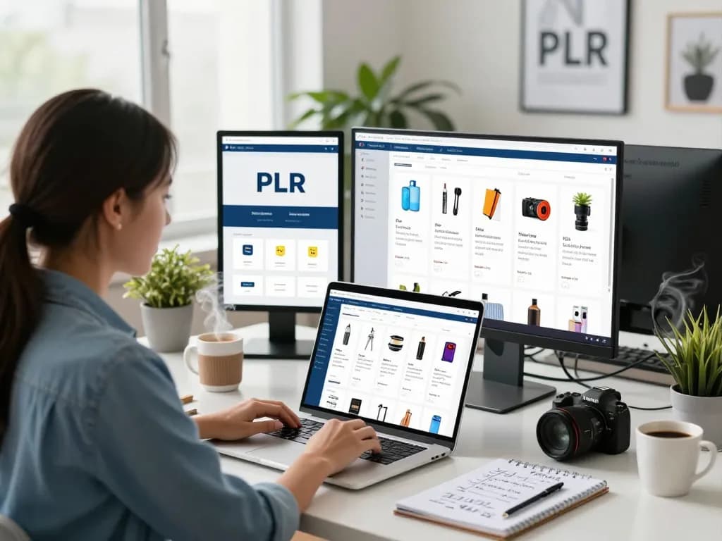 Buy PLR Products Online in a vibrant digital workspace with entrepreneur browsing colorful PLR catalog.