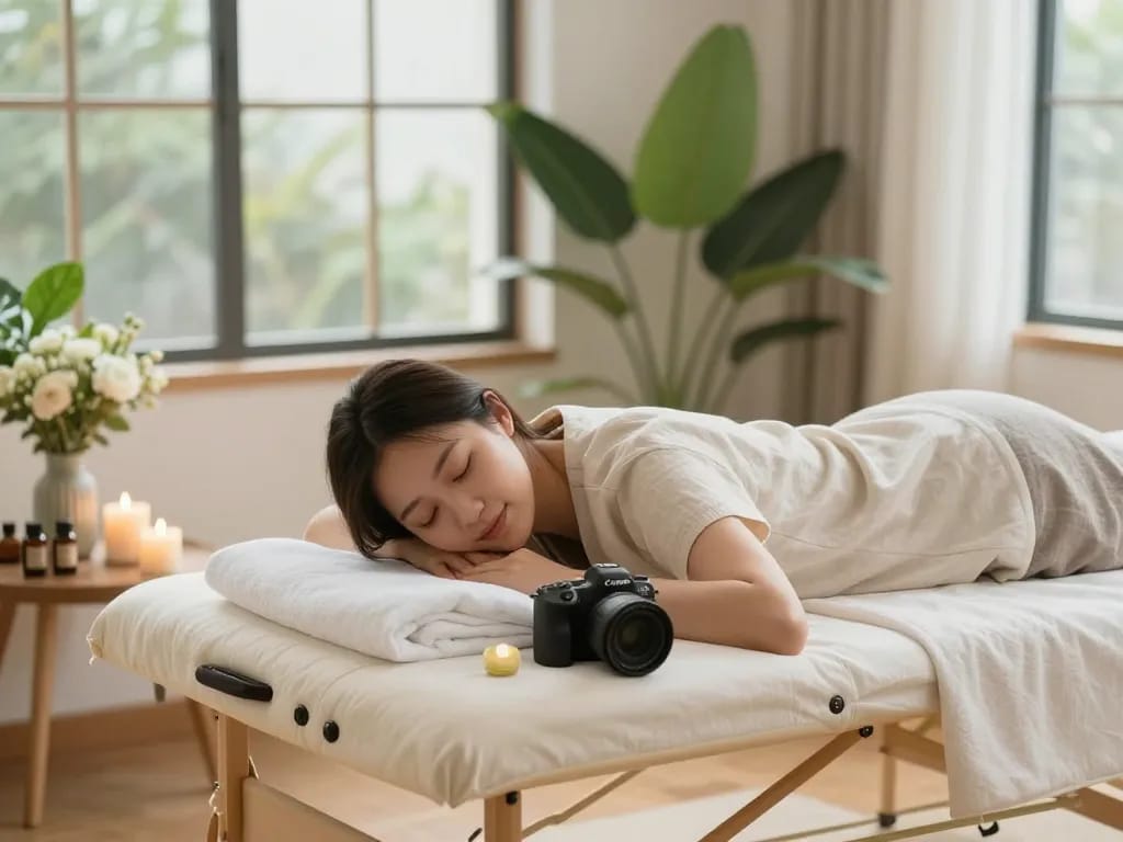Relaxing 출장안마 session at home with a tranquil atmosphere and essential oils.