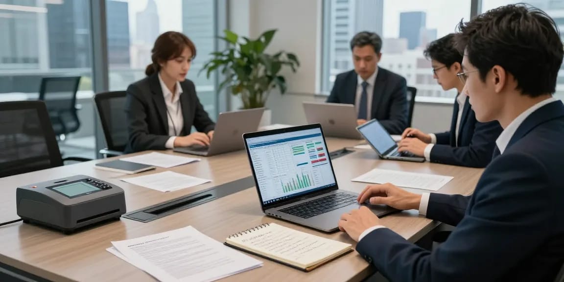 Asset tracing analysis in a busy office, showcasing charts, data, and collaboration among financial investigators.