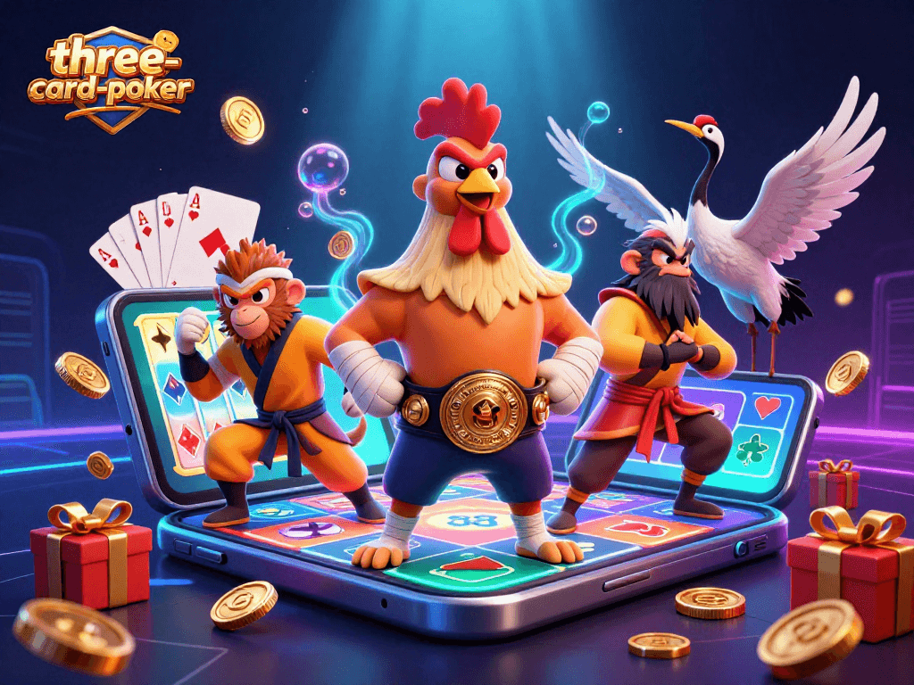 Engage in thrilling three-card-poker action with vibrant casino elements and animated characters.