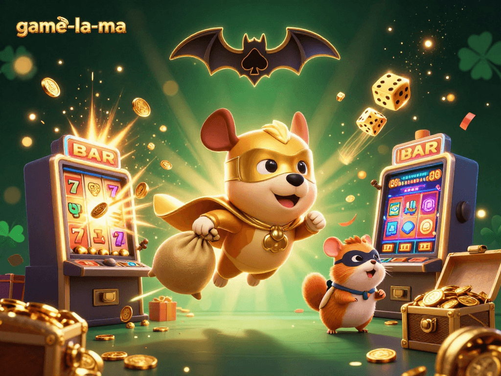 Experience game-la-ma's vibrant casino world with our superhero dog and hamster duo amidst exhilarating jackpots.