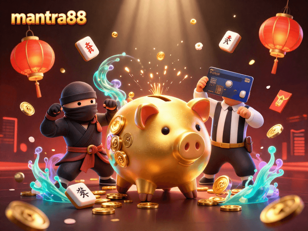 Experience the thrill of mantra88 with a vibrant illustration of a sumo wrestler and ninja in action.