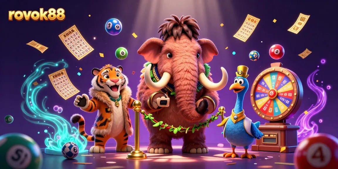 Experience the vibrant gaming world of rokok88 with colorful lottery elements and engaging characters.