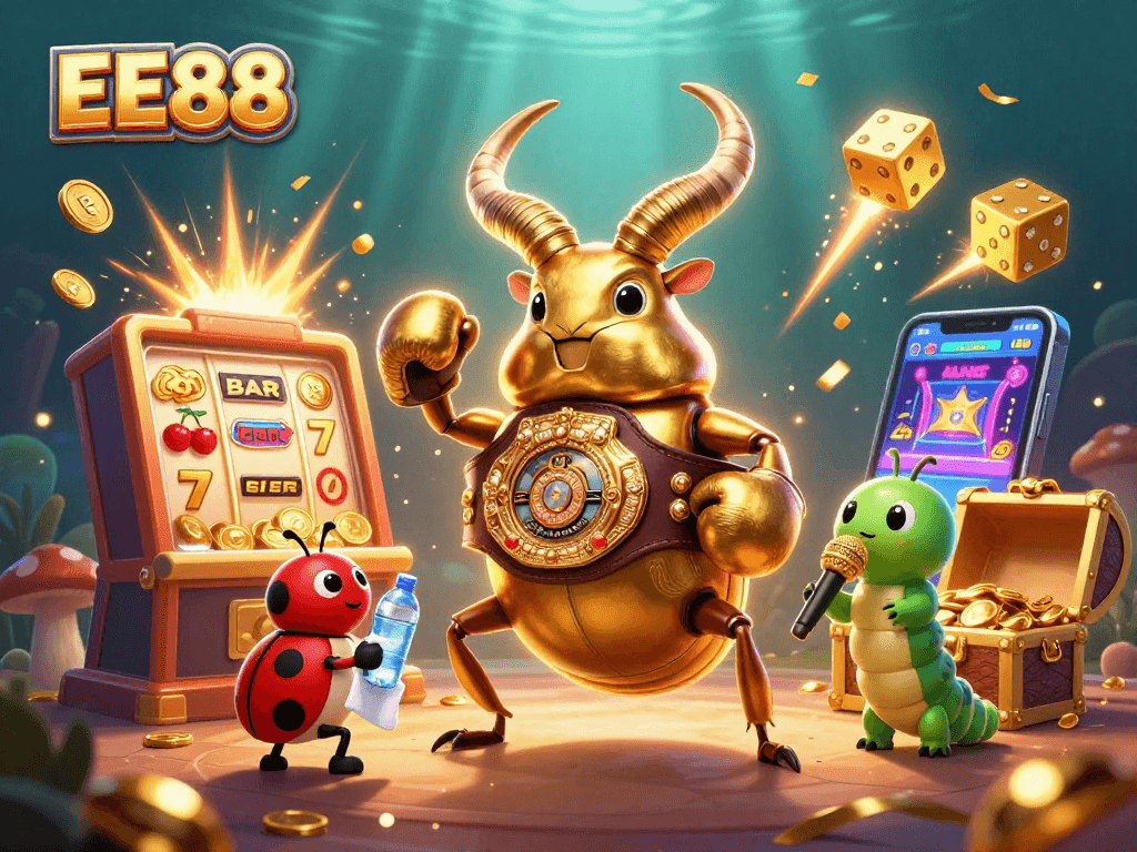 Join the excitement at EE88, featuring a golden stag beetle boxer amid jackpot chaos!