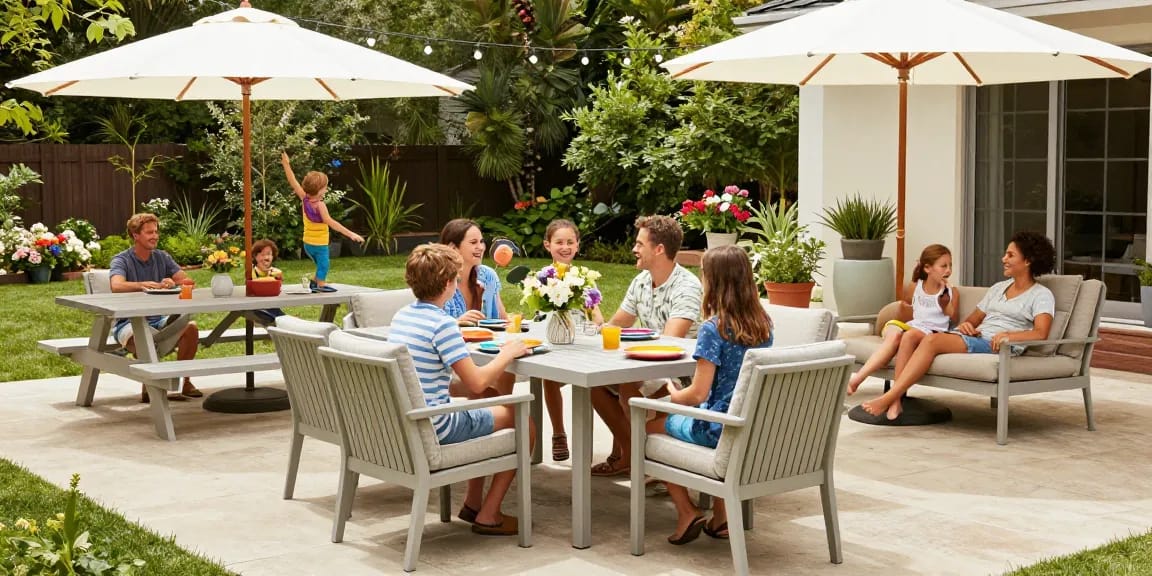 Enjoying outdoor gatherings with affordable patio furniture like Driftwood Gray Camden Club Chairs and dining sets.