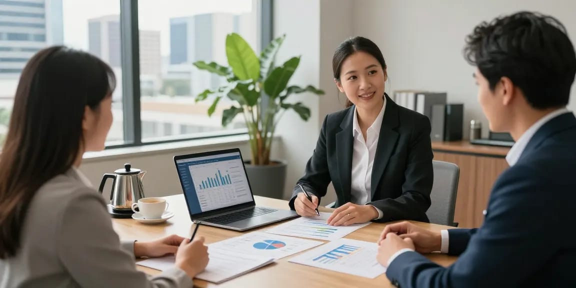Financial Advice Gold Coast consultation in an elegant office with a couple and financial advisor discussing investment strategies.