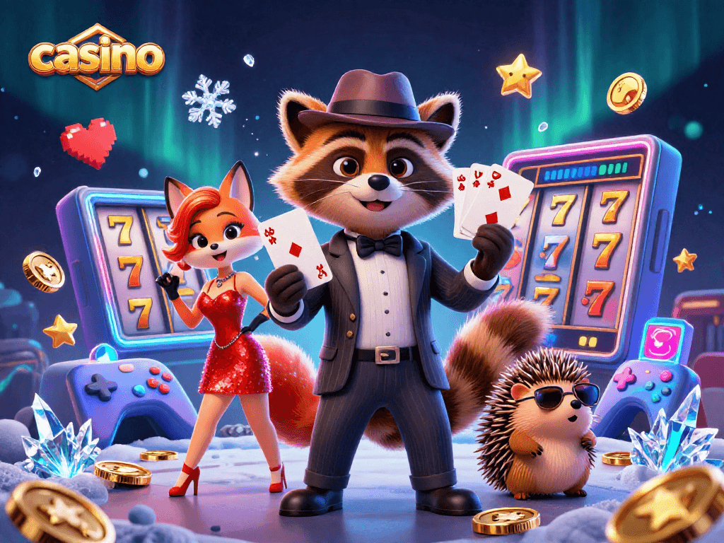 Engage in thrilling casino action with a raccoon holding a royal flush, surrounded by vibrant gaming elements.