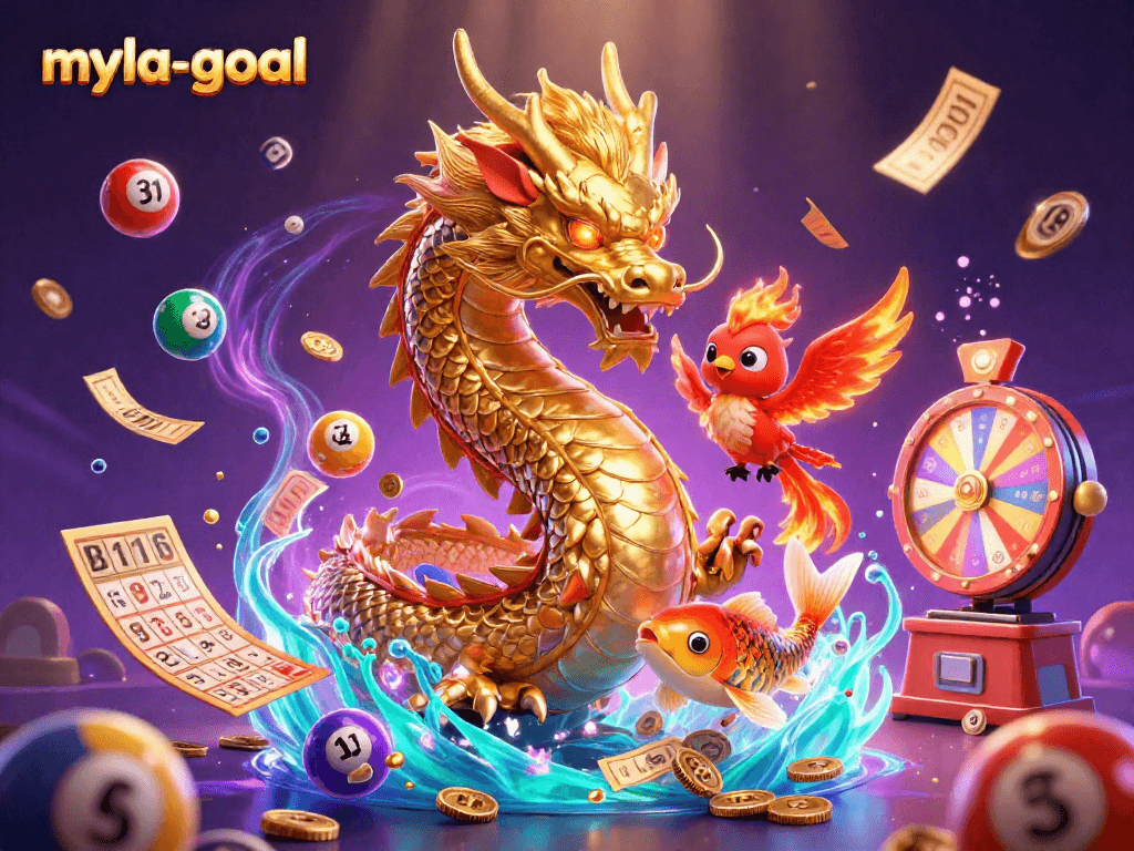 Engage with myla-goal, as golden dragon and phoenix soar through vibrant casino elements.