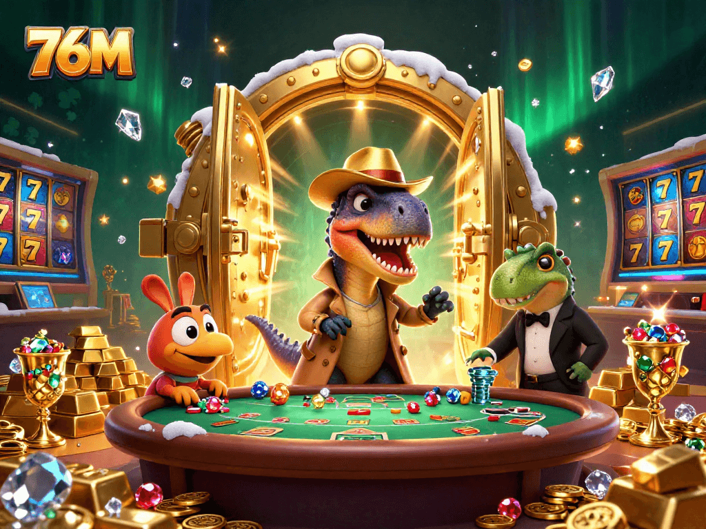 Os dinossauros jogando no cassino 76M, mostrando a interação e emoção do jogo.