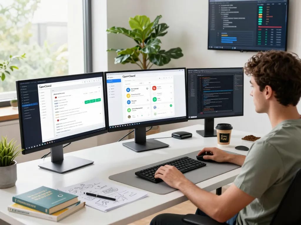OpenClawd AI assistant deployment in a modern workspace with software developer using multiple screens.