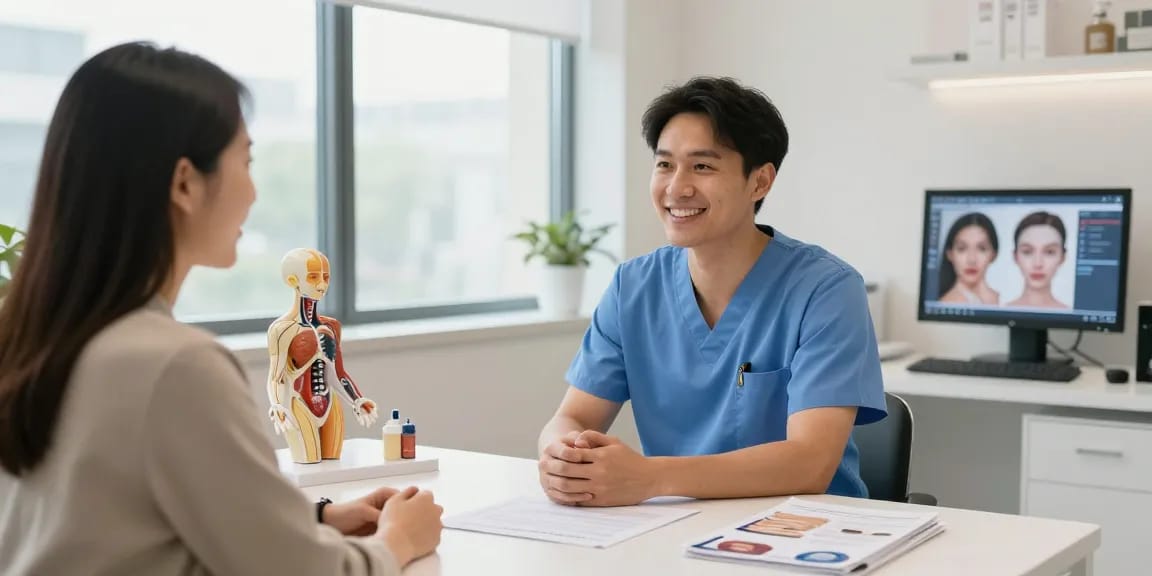 Engaging consultation scene featuring a cosmetic surgeon and patient, highlighting cosmetic surgery SEO expertise.