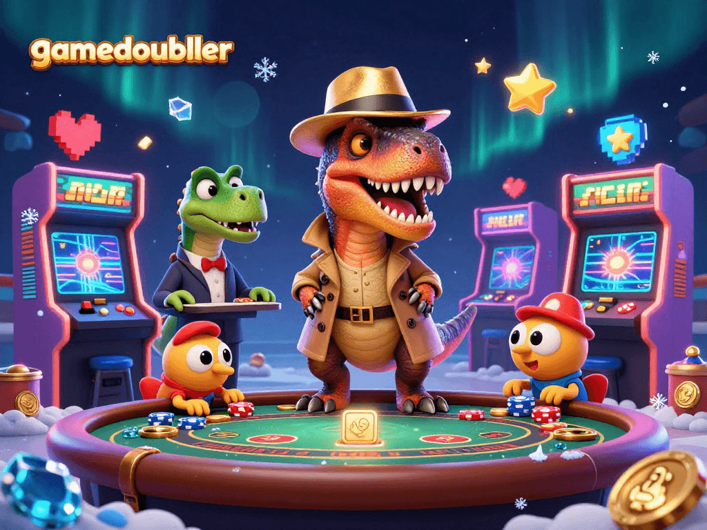 gamedoubler showcases a sneaky velociraptor at a blackjack table amidst dazzling casino elements