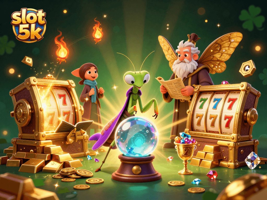 Engage with vibrant slot 5k themes featuring dynamic slot reels and treasure in a playful casino illustration.