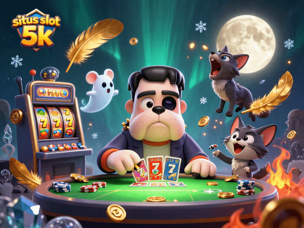 Engage with situs slot 5k as you watch a 3D cartoon Frankenstein bulldog deal cards amidst a spooky casino atmosphere.