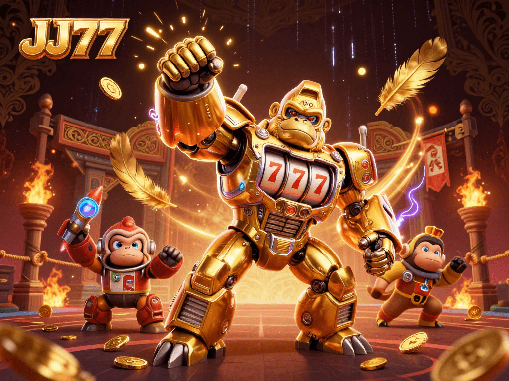 Engage with the thrilling JJ77 game experience featuring a gorilla mech and an energetic casino scene.