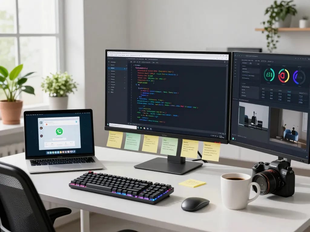 Developer interacting with clawdbot ai on dual monitors in a modern workspace, showcasing productivity tools and AI messaging integration.