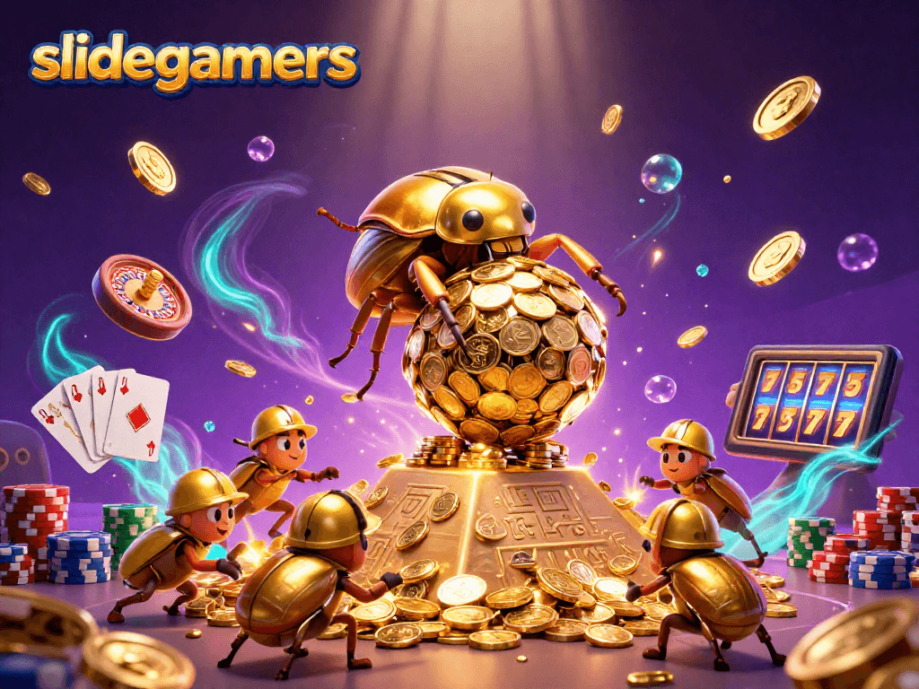 Engage with slidegamers as the golden dung beetle rolls coins in an enchanting casino scene.