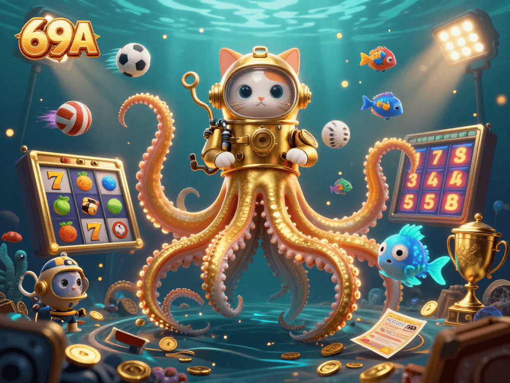 Jogue no 69A com o kraken, gato mergulhador e jogos de sorte em um ambiente vibrante.