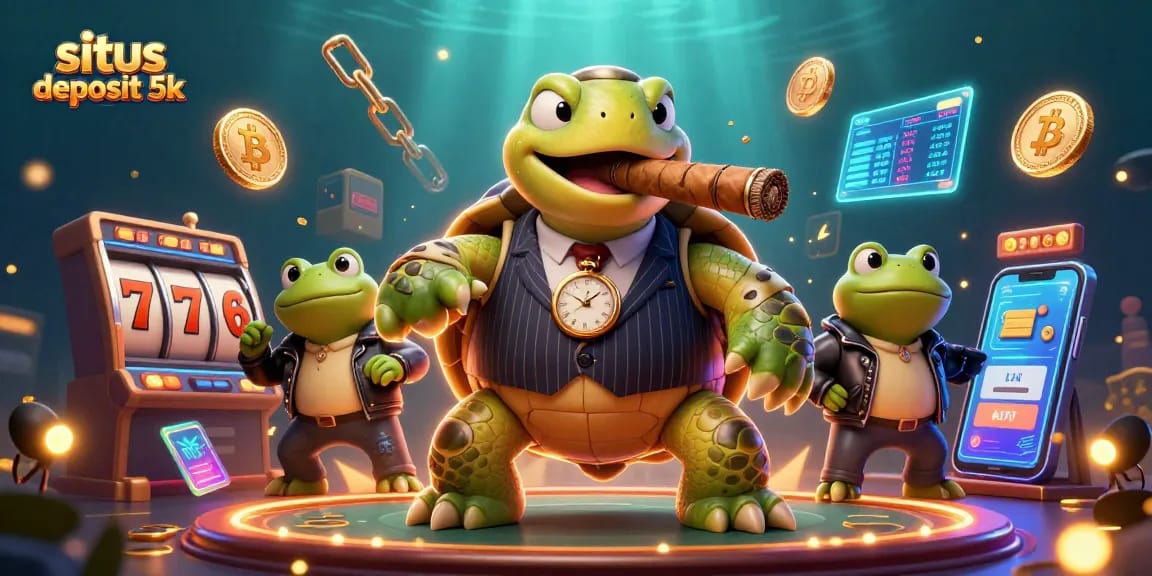 Engage with situs deposit 5k showcasing a vibrant casino scene with a snapping turtle and bullfrogs.