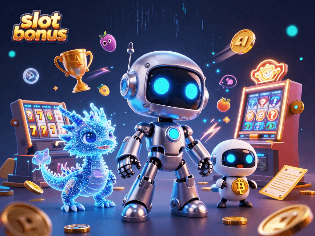 Engaging slot bonus scene featuring a cyberpunk robot with a dragon companion and vibrant game elements.