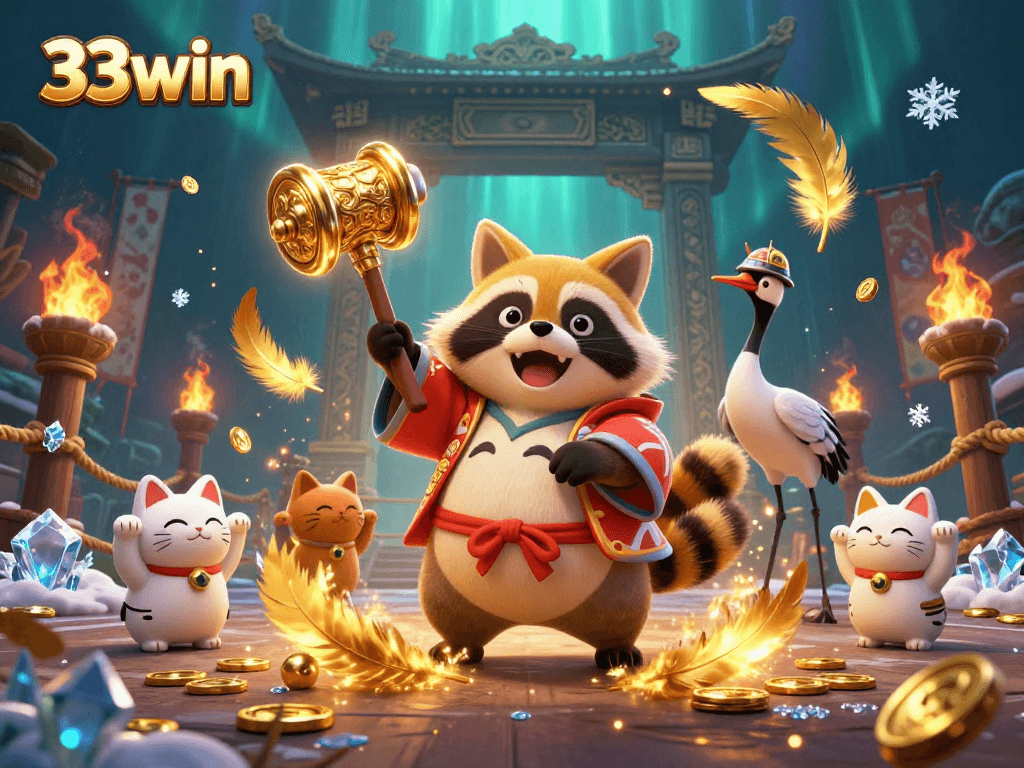 Engage in exciting gameplay with 33win as the tanuki festival mascot invites luck and fortune.