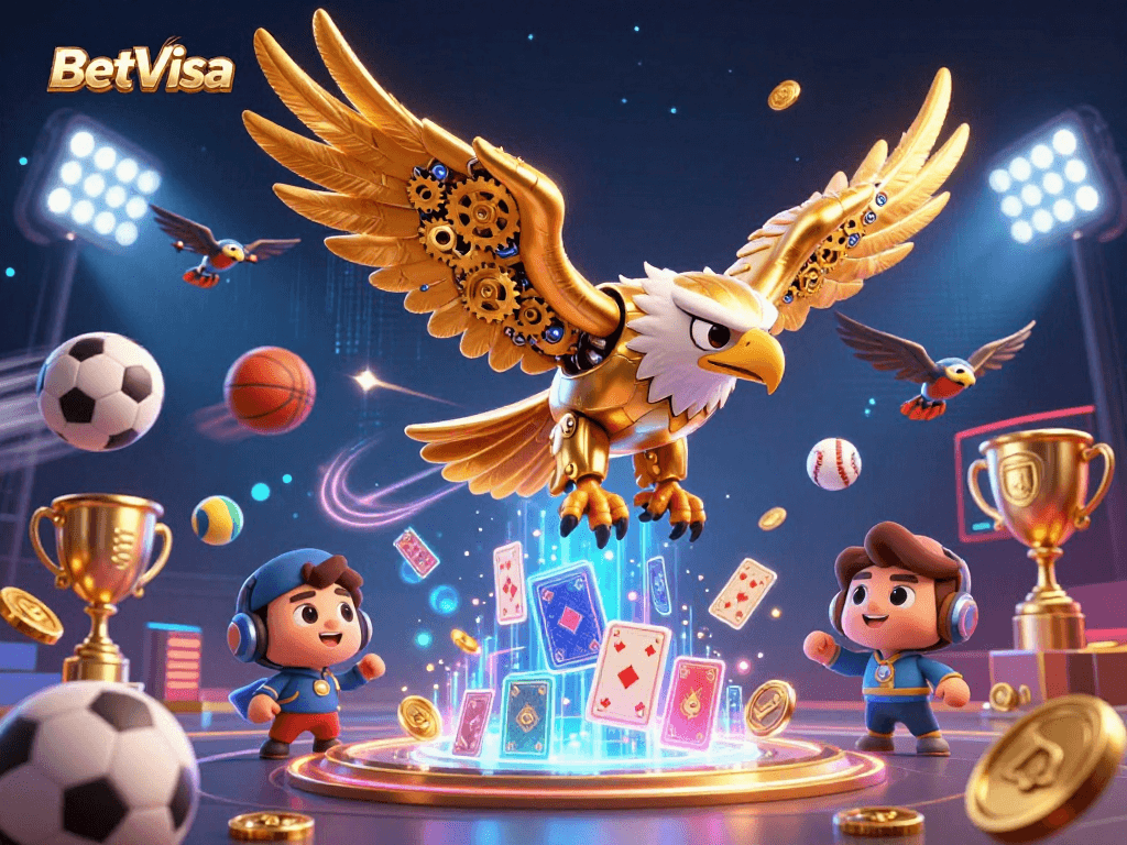 BetVisa casino showcases a dynamic 3D scene with cybernetic eagle diving through playing cards.