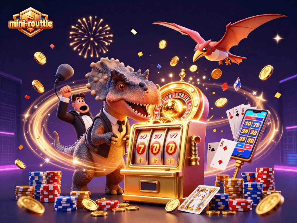 Experience a thrilling mini-roulette scene with a pachycephalosaurus hitting a slot machine for jackpot coins.