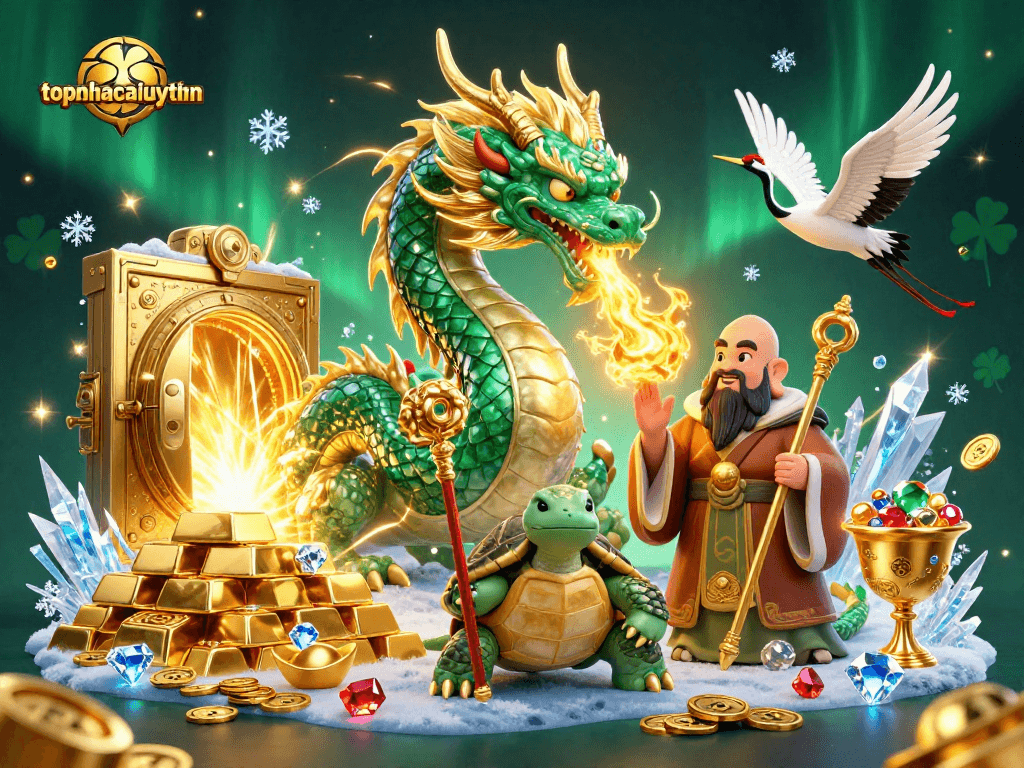 Experience thrilling gameplay with topnhacaiuytinn as jade dragon and turtle sage surround golden treasures.