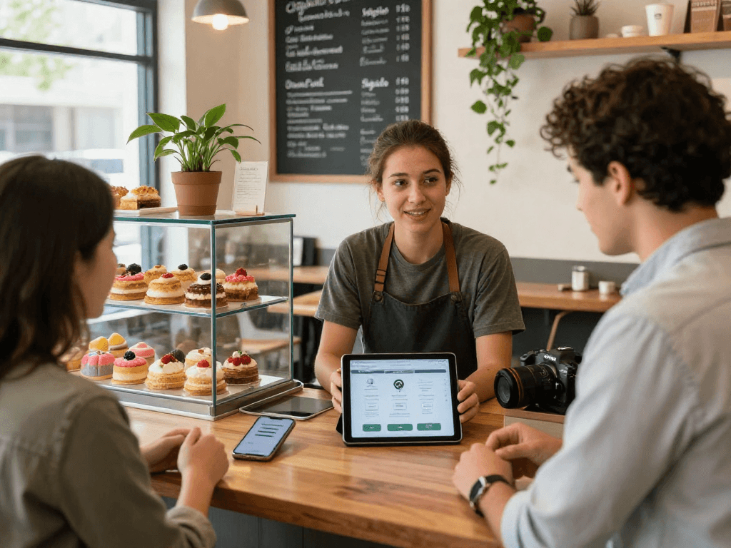 Owner engaging with customers using a loyalty application at a vibrant coffee shop.