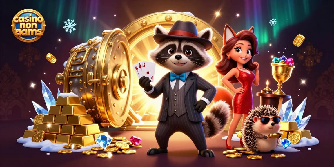 Gioca in un casino non aams e vinci con un procione elegante, una volpe affascinante e un riccio, circondati da oro e gemme.