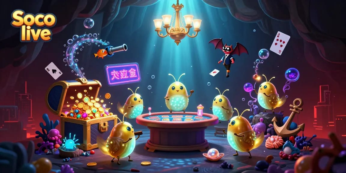 Play at Soco live to enjoy vibrant casino experiences with glowing characters and treasures.