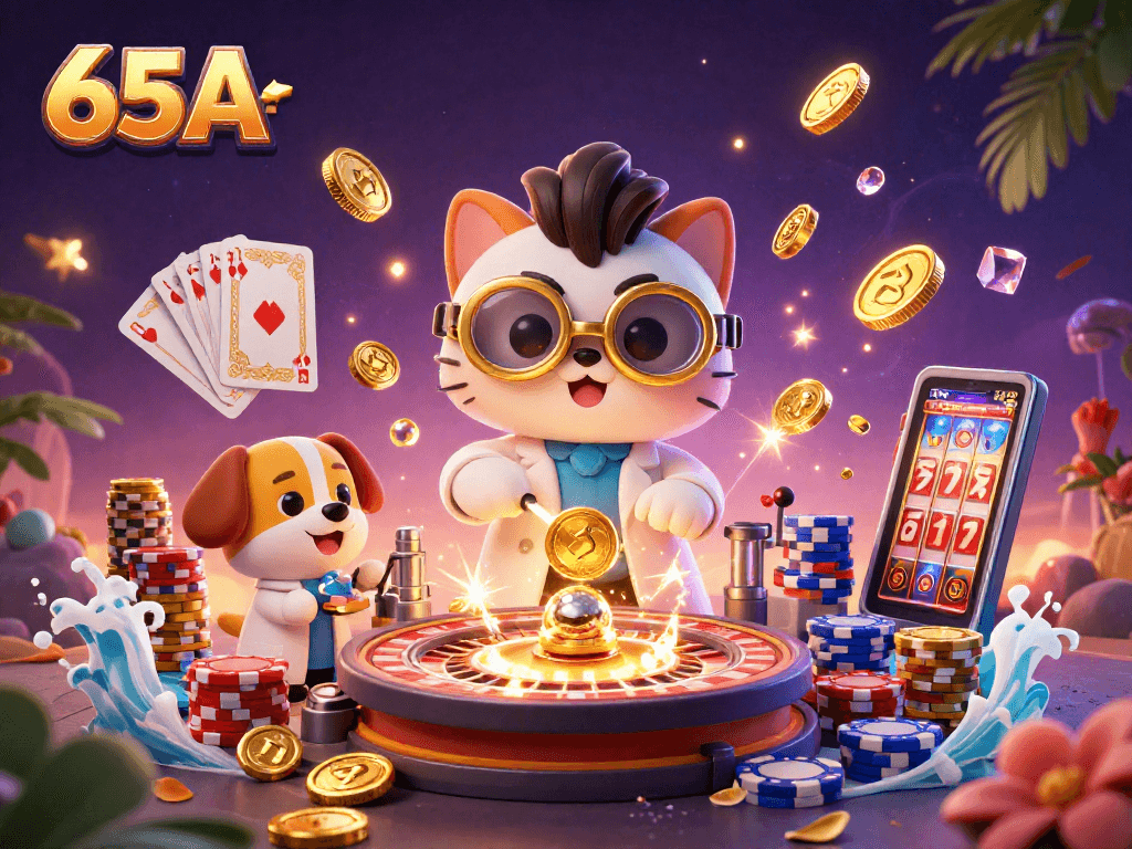 O 65A traz um cientista gato e um cachorro assistente em um laboratório de slots e moedas.