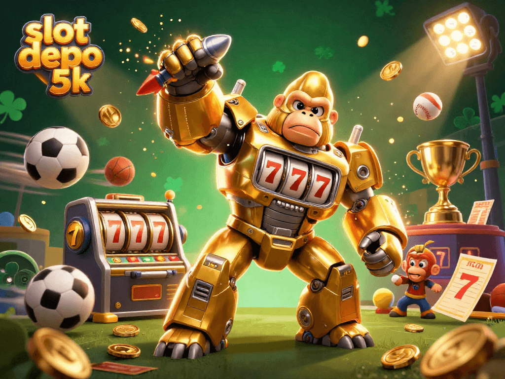 Experience the thrill of slot depo 5k with a colorful gorilla mech and dynamic sports elements.