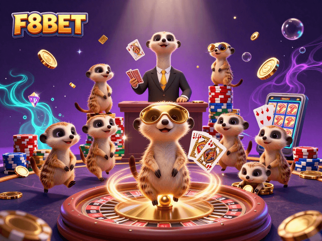Experience F8BET's vibrant casino life with playful meerkats, chips, and spinning roulette.