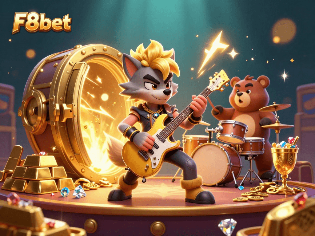 Experience the exciting action at F8bet with vibrant characters, gold treasures, and dynamic gaming elements.