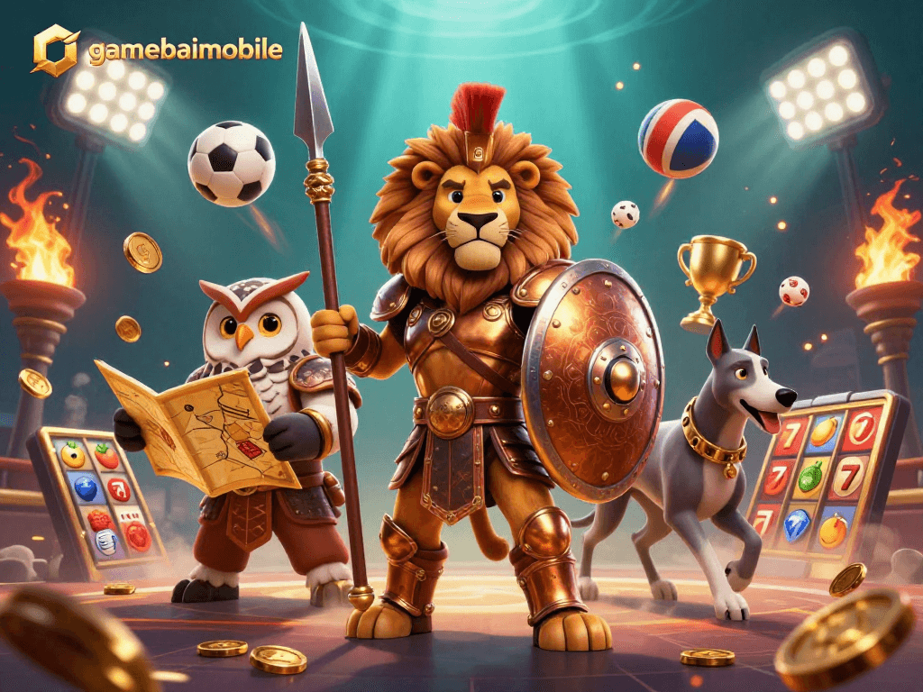 Engage with gamebaimobile's vibrant casino world featuring a Spartan lion and exciting sports elements.