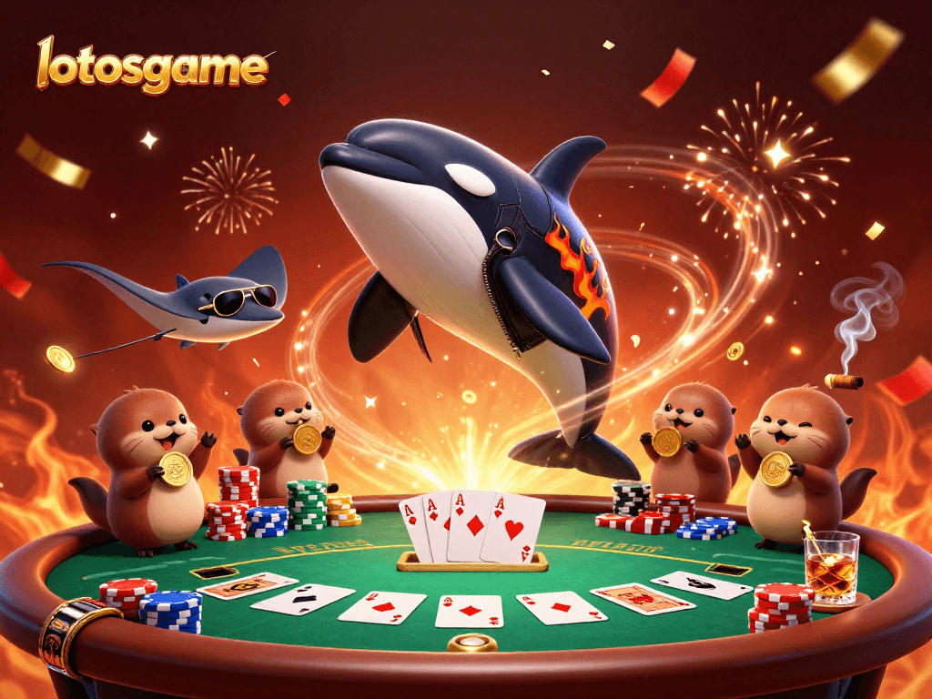 Experience excitement with lotosgame in a vibrant casino-themed illustration featuring playful aquatic characters.