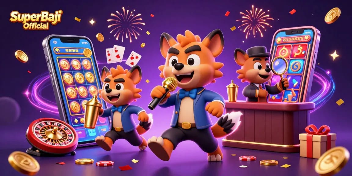Experience the fun with SuperBaji Official in this vibrant casino scene with hyena characters.
