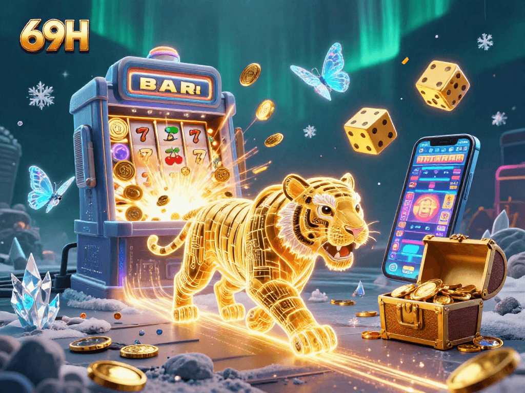 Viva a emoção do 69H com muitos jackpots e um tigre dourado em ação no cassino digital.