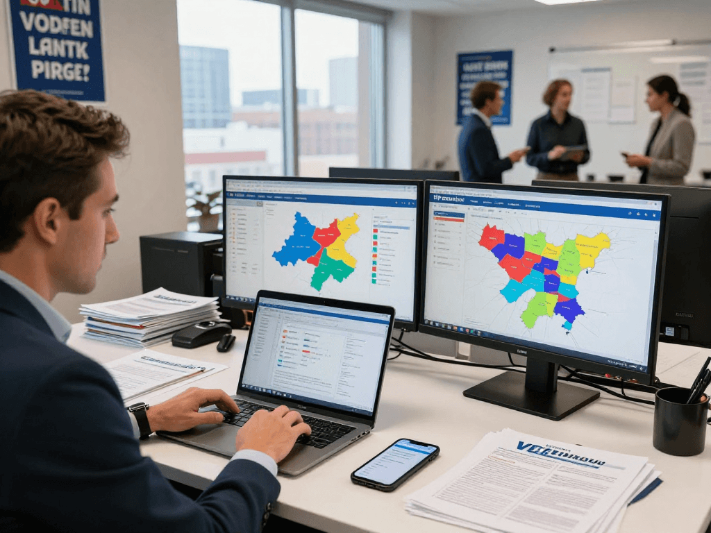 Political search advertising strategies analyzed in a vibrant campaign office.