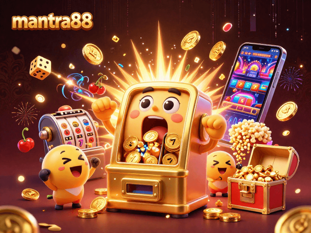 mantra88 slot machines celebrate a jackpot win amidst flying symbols and vibrant casino elements.