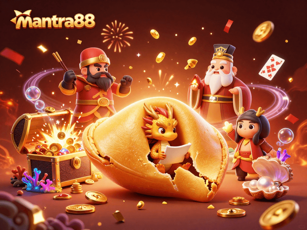 Experience fortune at mantra88 with a golden fortune cookie, dragon, and treasure chest illustration.