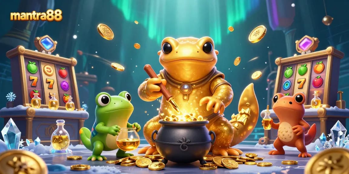 Experience winning strategies with mantra88 in this vibrant 3D slot-themed casino scene.